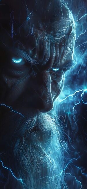 Mystical character with glowing eyes & lightning backdrop, in blue & black tones, adds mystery & fantasy. | 4K Wallpaper for Mobile