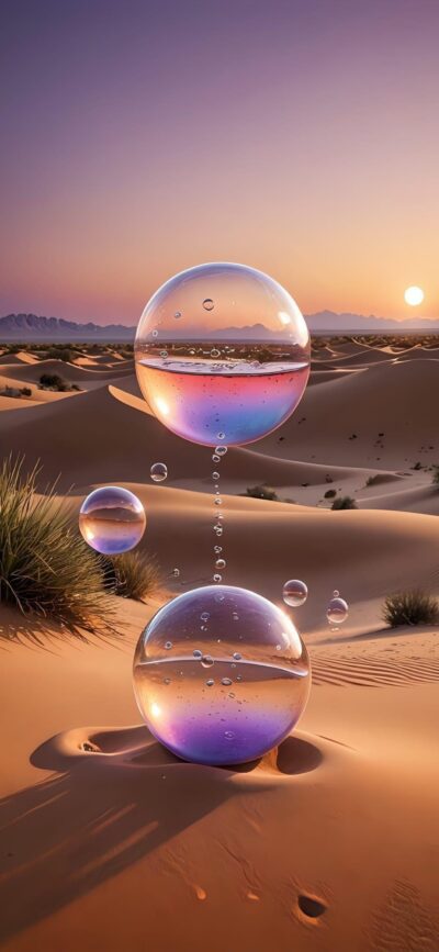 Mesmerizing desert sunset with surreal glass spheres reflecting sky colors, tranquil and abstract design | 4K Wallpaper for Mobile