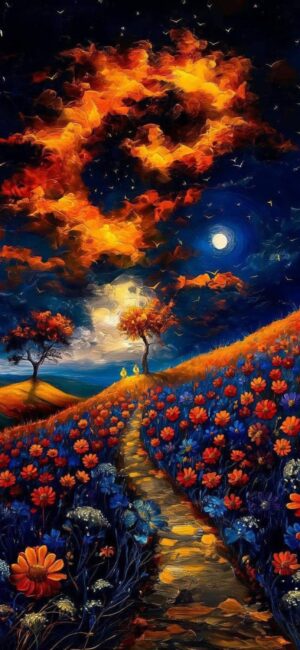 Vivid surreal landscape with path through vibrant flower field under colorful sky and glowing moon | 4K Wallpaper for Mobile