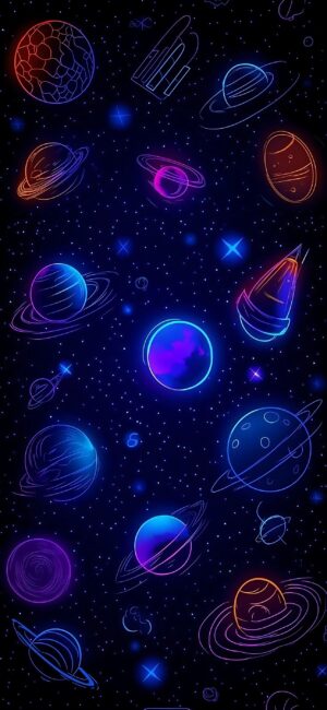 Neon cosmic outer space with colorful planets and stars on a dark background, futuristic vibe | 4K Wallpaper for Mobile