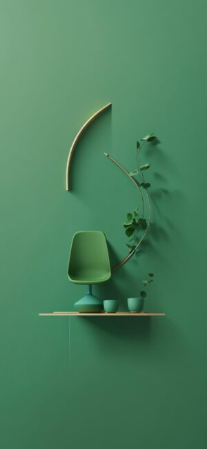 Modern minimalistic design with green elements: chair, cups, and plant on a shelf against a green backdrop | 4K Wallpaper for Mobile