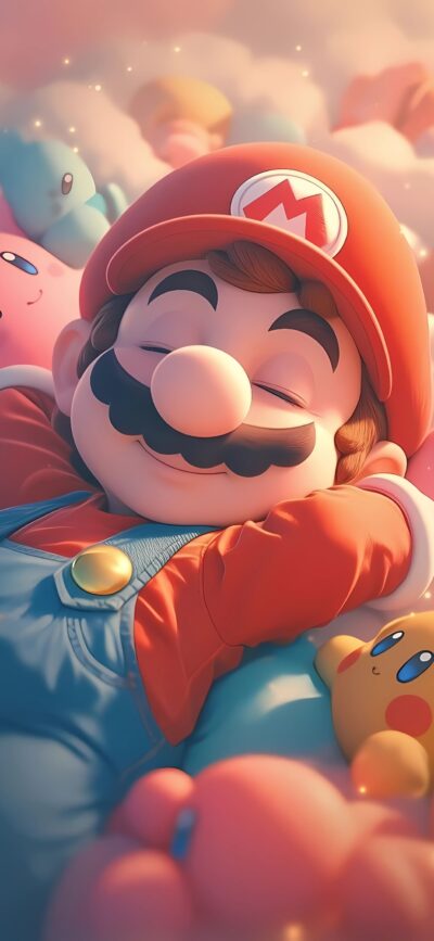 Mario resting in plush, colorful surroundings; playful and comforting vibes | 4K Wallpaper, for Mobile