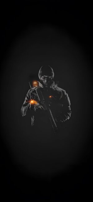 Silhouette of a soldier with glowing orange lights against a black background | 4K Wallpaper for Mobile