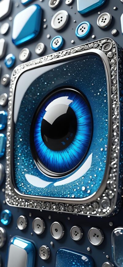 Futuristic blue eye with metallic frame & geometric elements | 4K Wallpaper for Mobile | Blue, Silver & Black tones