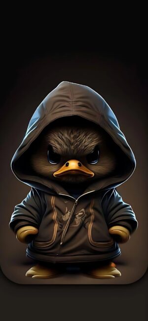 Cartoon duck in a hoodie with a serious expression, set against a dark background. Black & brown colors | 4K Wallpaper for Mobile