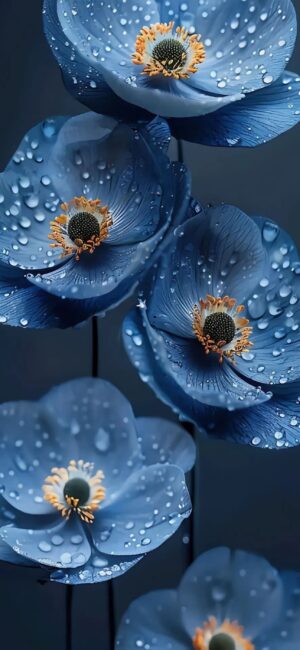 Deep blue flowers with water droplets create a serene, calming vibe. Vivid details enhance elegance. | 4K Wallpaper, for Mobile