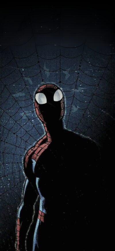 Spiderman in front of a large spiderweb with a dark comic book style background. Colors: Black, Red, Blue | 4K Wallpaper for Mobile