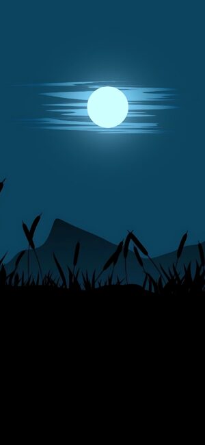 Serene night scene with a full moon over silhouetted mountains and grass; tranquil atmosphere. Blue, Black | 4K Wallpaper for Mobile