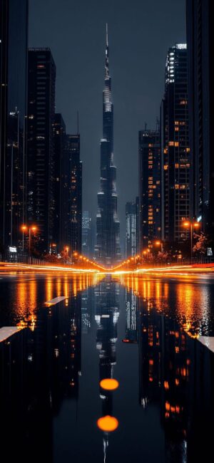 4K Wallpaper for Mobile | Night cityscape featuring a skyscraper, wet streets reflecting orange and yellow hues against a dark backdrop.