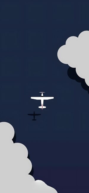 'Minimalistic airplane flying in a dark sky with clouds | 4K Wallpaper for Mobile | Dark, White, Gray tones | Minimalism design'