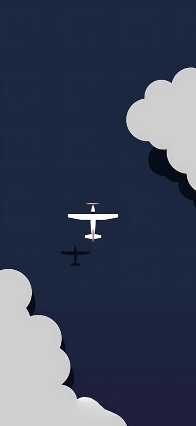 'Minimalistic airplane flying in a dark sky with clouds | 4K Wallpaper for Mobile | Dark, White, Gray tones | Minimalism design'