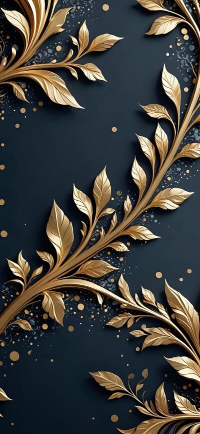 Golden leaves with intricate details on a dark background with flowing patterns and golden dots | 4K Wallpaper for Mobile