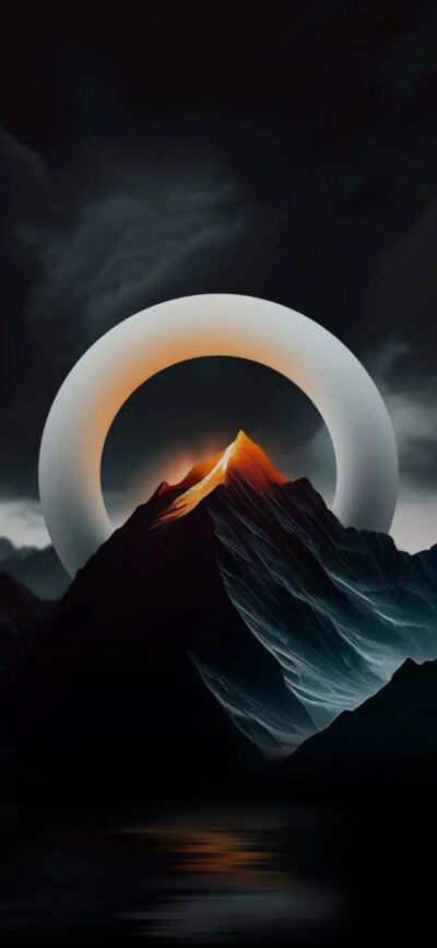 Surreal mountain landscape with a glowing circle above the peak in dark hues | 4K Wallpaper for Mobile | Black, Grey, Orange