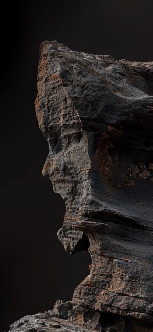 Rock formation resembling a human face against a dark background, brown, black, and gray tones | 4K Wallpaper for Mobile