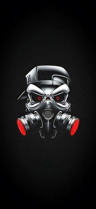 Cyberpunk skull in black cap and gas mask with glowing red eyes on a dark backdrop | 4K Wallpaper for Mobile