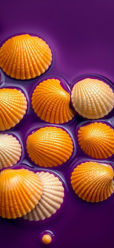 Orange seashells on a fluid purple background create a vibrant and artistic mobile wallpaper | 4K Wallpaper | for Mobile