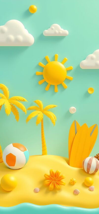 Cartoon beach scene with yellow palm trees, sun, clouds, beach ball, and surfboard against turquoise sky for mobile | 4K Wallpaper.