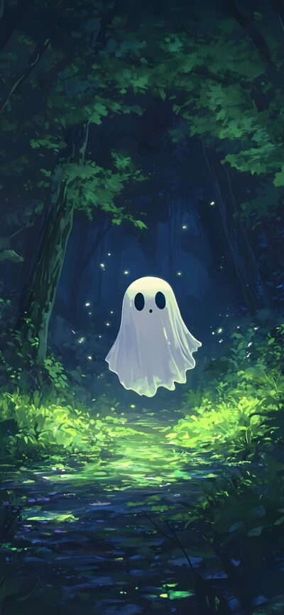 Cute ghost in an enchanting forest with glowing fireflies, magical atmosphere. Primary colors: Green, Blue | 4K Wallpaper for Mobile