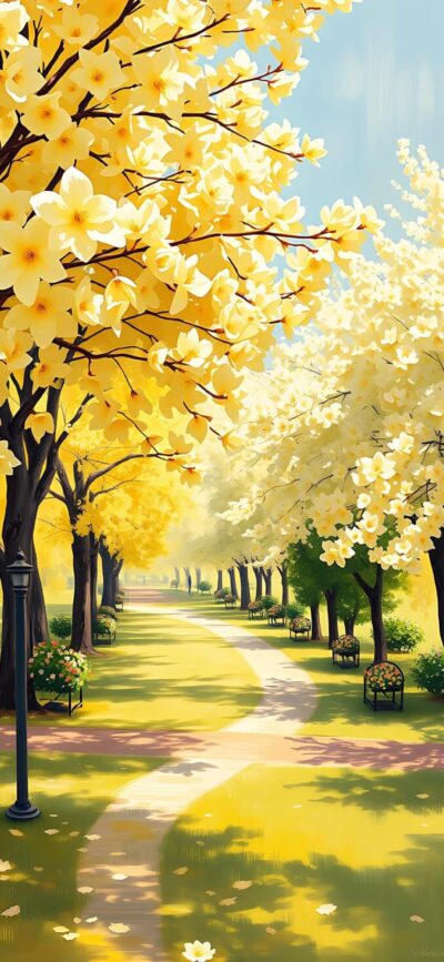 Scenic spring path with yellow and white blossoming trees, benches, and lampposts in a tranquil park setting | 4K Wallpaper for Mobile