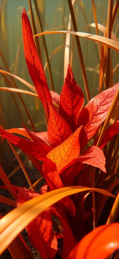 Bright red leaves against a blurred background, capturing autumn's essence. Vibrant botanical elements | 4K Wallpaper for Mobile.