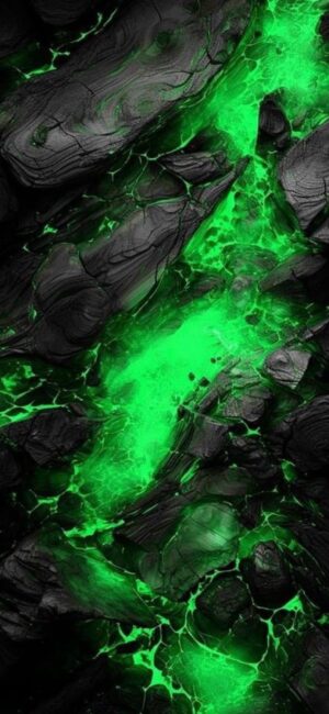 Abstract green lava on dark rocks | Volcanic sci-fi theme | Black & Green | 4K Wallpaper for Mobile