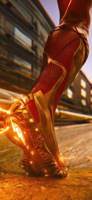 Superhero runner with lightning shoes in motion; gold, red, orange, yellow tones | 4K Wallpaper for Mobile