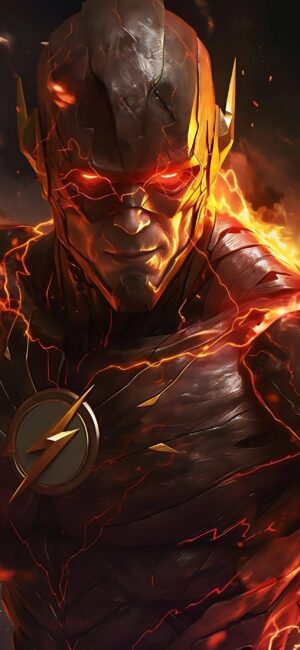 A dynamic DC Comics superhero resembling The Flash with glowing eyes and energy. | 4K Wallpaper for Mobile | Red, Orange, Black