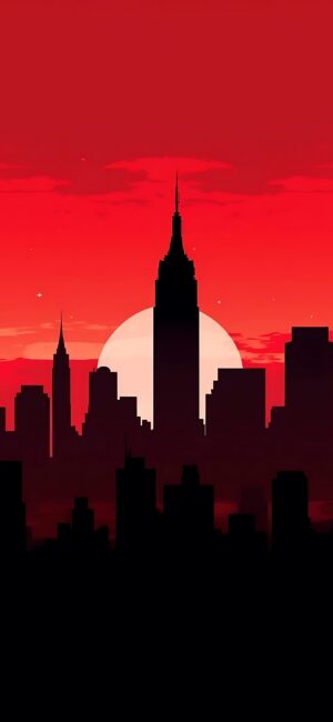 Cityscape silhouette at sunset with striking red and black hues, capturing serene urban beauty | 4K Wallpaper for Mobile