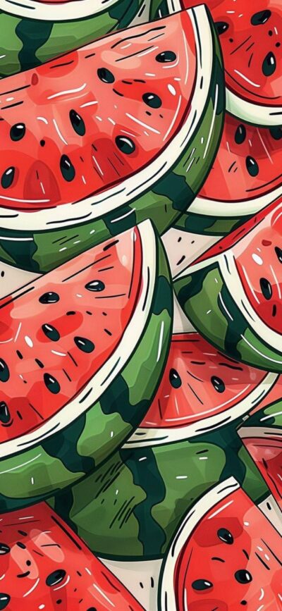 Whimsical cartoon watermelon slices, vibrant colors & textures in red, green, white | 4K Wallpaper for Mobile