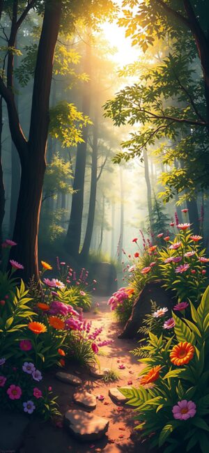 Serene forest path with sunlight through trees, colorful flowers, tranquil atmosphere | 4K Wallpaper for Mobile