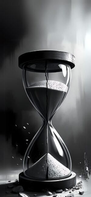 Cracked hourglass with spilling sand on a dark background symbolizing time passage and impermanence | Black, Gray, White | 4K Wallpaper for Mobile.