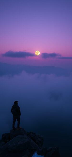 Silhouette on a cliff with sunrise, purple-pink sky, full moon | Purple, Pink, Blue | Nature | 4K Wallpaper for Mobile