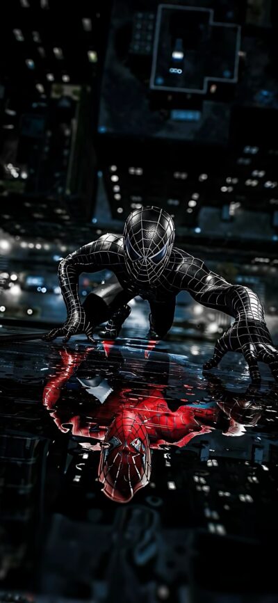 Spider-Man in black suit climbing with red suit reflection, dramatic cityscape background | 4K Wallpaper for Mobile