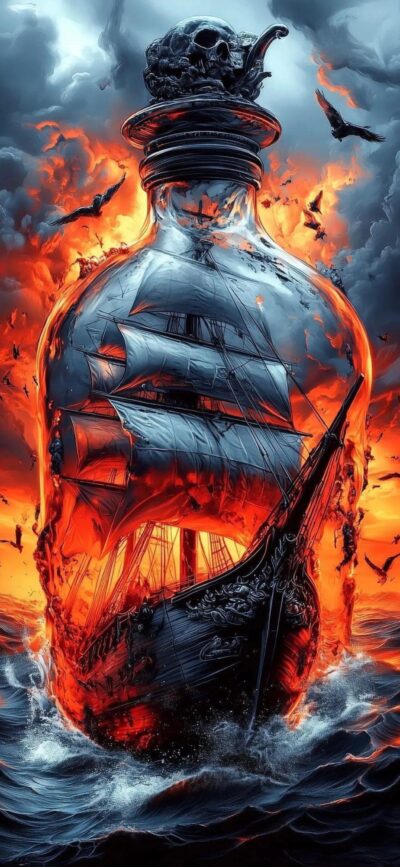 Sailing ship in a bottle amid fiery ocean, skull cap adds mystery. Dramatic sky with birds. | 4K Wallpaper, for Mobile | Black, Orange, Blue