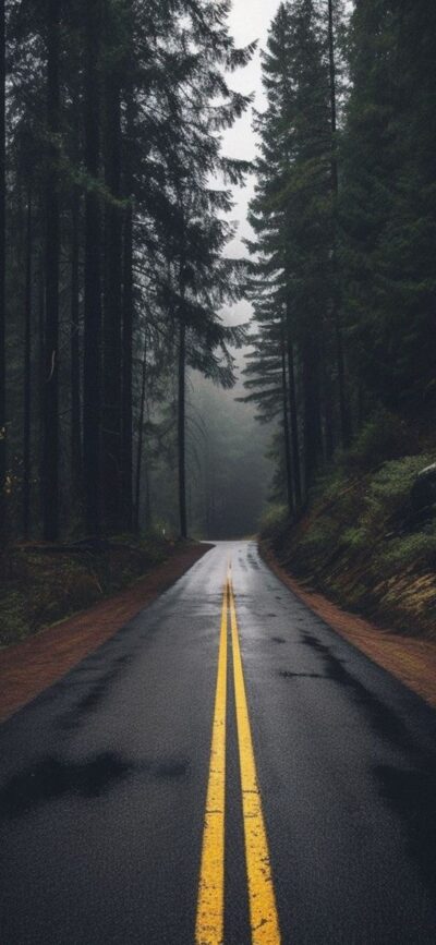 Serene forest road lined with evergreens, misty ambiance reflecting on wet surface, exuding tranquility | 4K Wallpaper, for Mobile