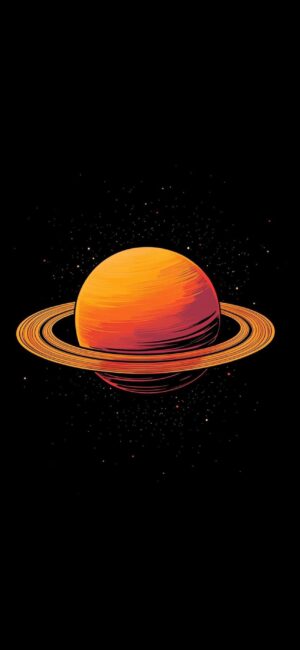 Planet with orange and red rings on a starry black backdrop for mobile | 4K Wallpaper. Orange, Red, Black colors. Space Theme.