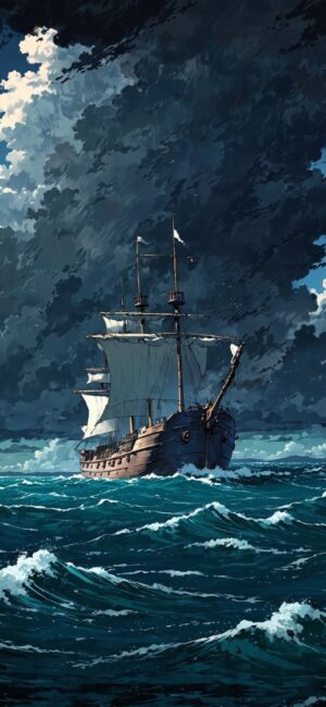 Classic sailing ship braves rough seas under stormy sky, dramatic scene. Blue, white, black hues. | 4K Wallpaper for Mobile