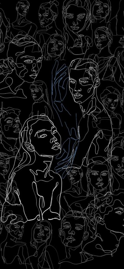 Abstract line art with human faces on a black background for a minimalist effect | Black & White | 4K Wallpaper for Mobile