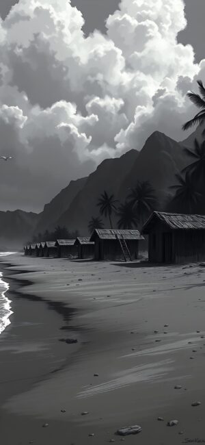 Tranquil beachfront scene with huts, mountains, palm trees beneath dramatic clouds in monochrome | 4K Wallpaper for Mobile