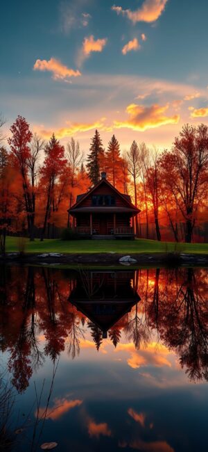 Serene landscape with a wooden cabin, autumn trees, and sunset reflections on water. Vibrant orange, red, blue tones. | 4K Wallpaper for Mobile