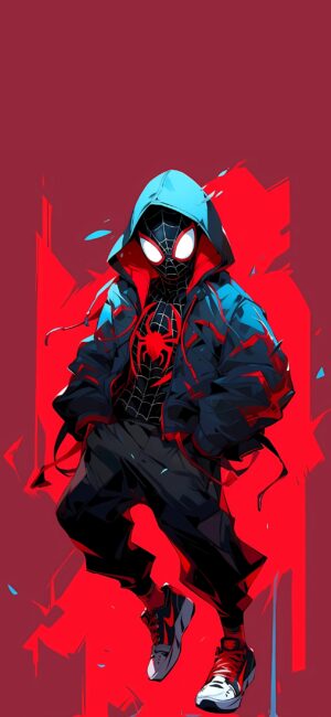 Miles Morales Spider-Man illustration in hoodie and sneakers, vibrant red & blue theme | 4K Wallpaper for Mobile