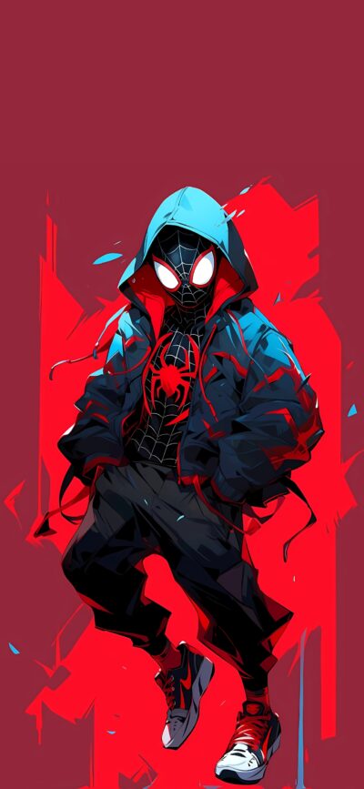 Miles Morales Spider-Man illustration in hoodie and sneakers, vibrant red & blue theme | 4K Wallpaper for Mobile