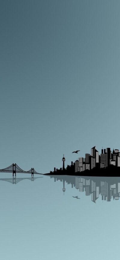 Minimalist cityscape with skyline and bridge, birds, and water reflection on gradient blue backdrop | 4K Wallpaper for Mobile