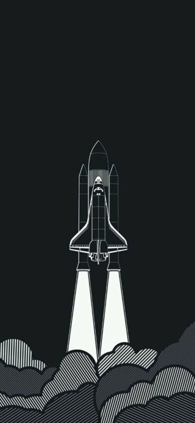 Minimalist space shuttle launch against dark sky, surrounded by stylized clouds. Perfect for sci-fi fans | 4K Wallpaper for Mobile