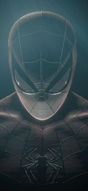 Spider-Man dark and moody aesthetic with detailed web suit and spider emblem | Black, Grey, Blue | 4K Wallpaper for Mobile