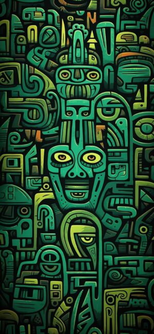 Abstract green tribal geometric design with faces and shapes | 4K Wallpaper for Mobile | Cyan, Green, Teal hues.