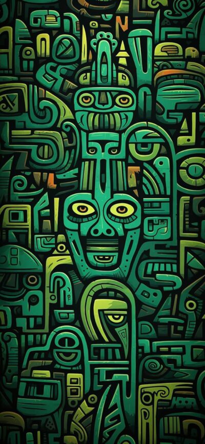 Abstract green tribal geometric design with faces and shapes | 4K Wallpaper for Mobile | Cyan, Green, Teal hues.