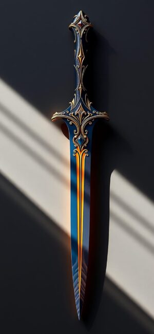 Fantasy sword with intricate details and blue-orange gradient blade, golden ornate hilt | 4K Wallpaper for Mobile