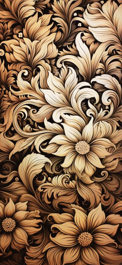 Intricate floral pattern with large flowers & swirling leaves; gold & brown tones for an elegant look | 4K Wallpaper for Mobile