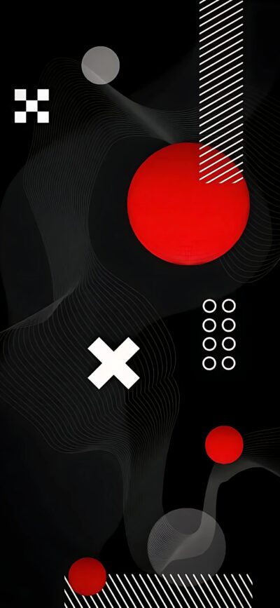 Modern abstract 4K wallpaper for mobile featuring red circles, white Xs, diagonal lines on a dark background with wave patterns.